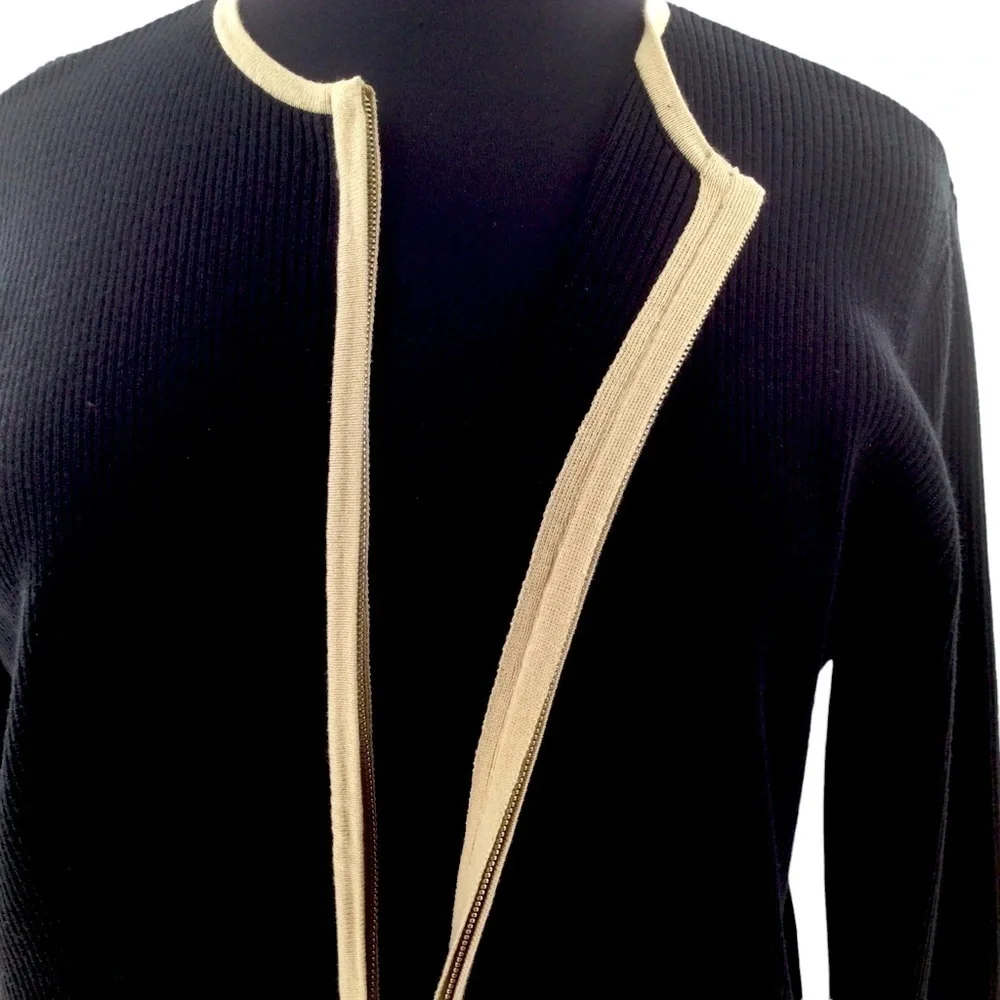 Lane Bryant Ribbed Crew Neck Black and Beige‎ Zip Front Cardigan